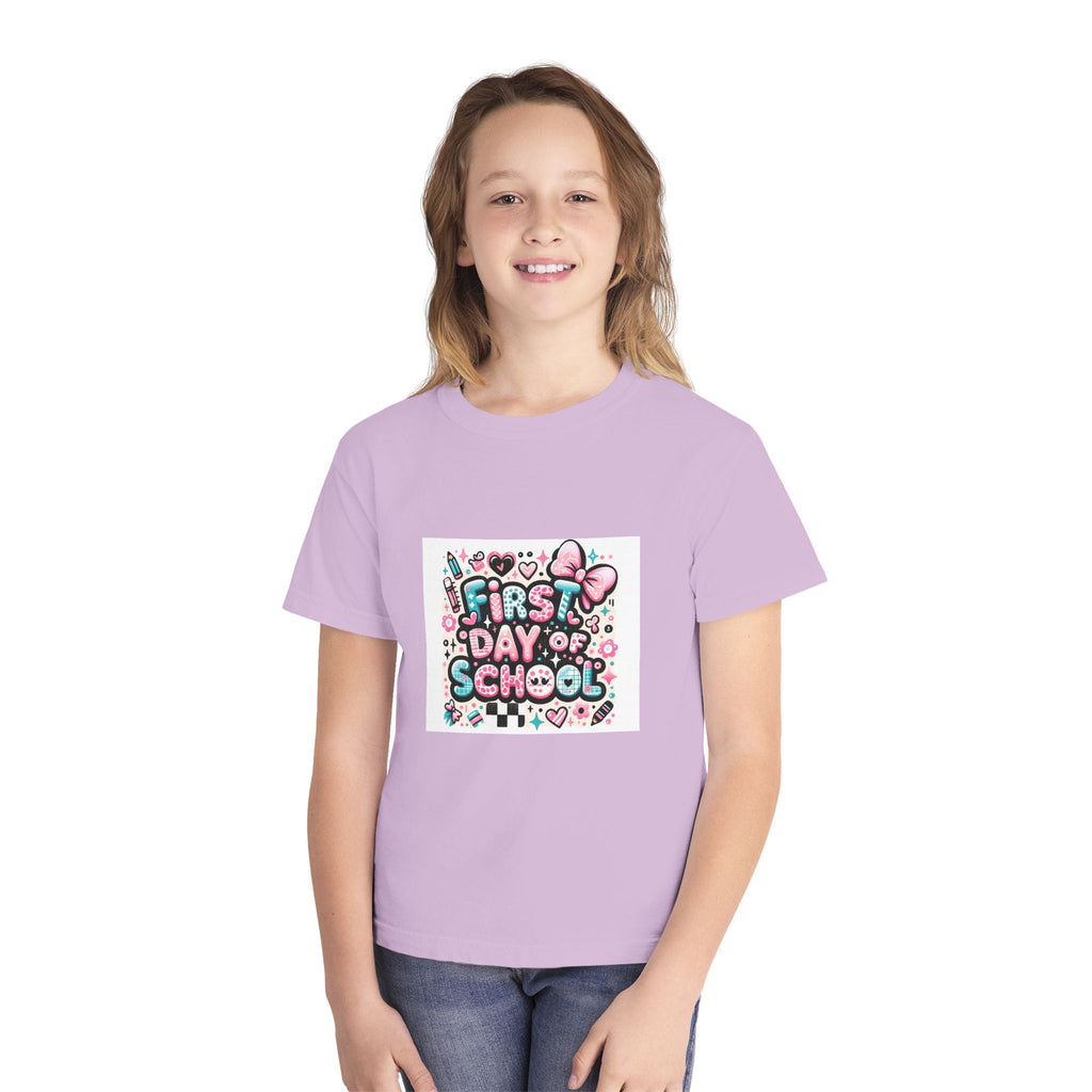 First Day of School Kids T‑Shirt — Cute Pink Bow Back-to-School Tee for Girls