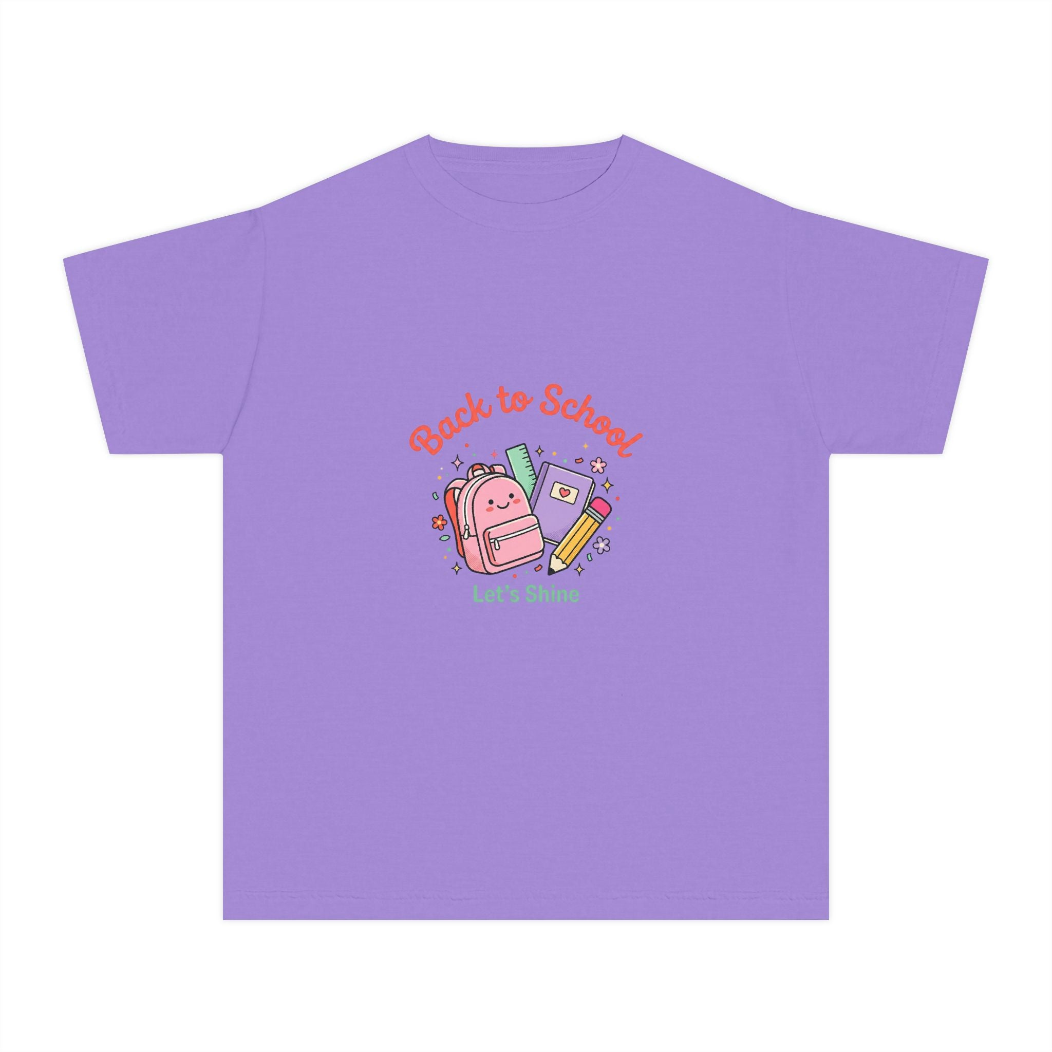 Back to School Kids Tee — Cute Backpack & Supplies "Let's Shine" Youth T-Shirt