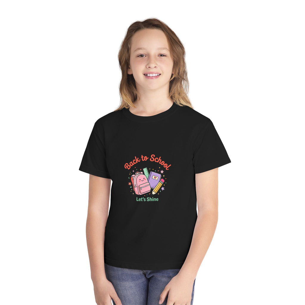 Back to School Kids Tee — Cute Backpack & Supplies "Let's Shine" Youth T-Shirt