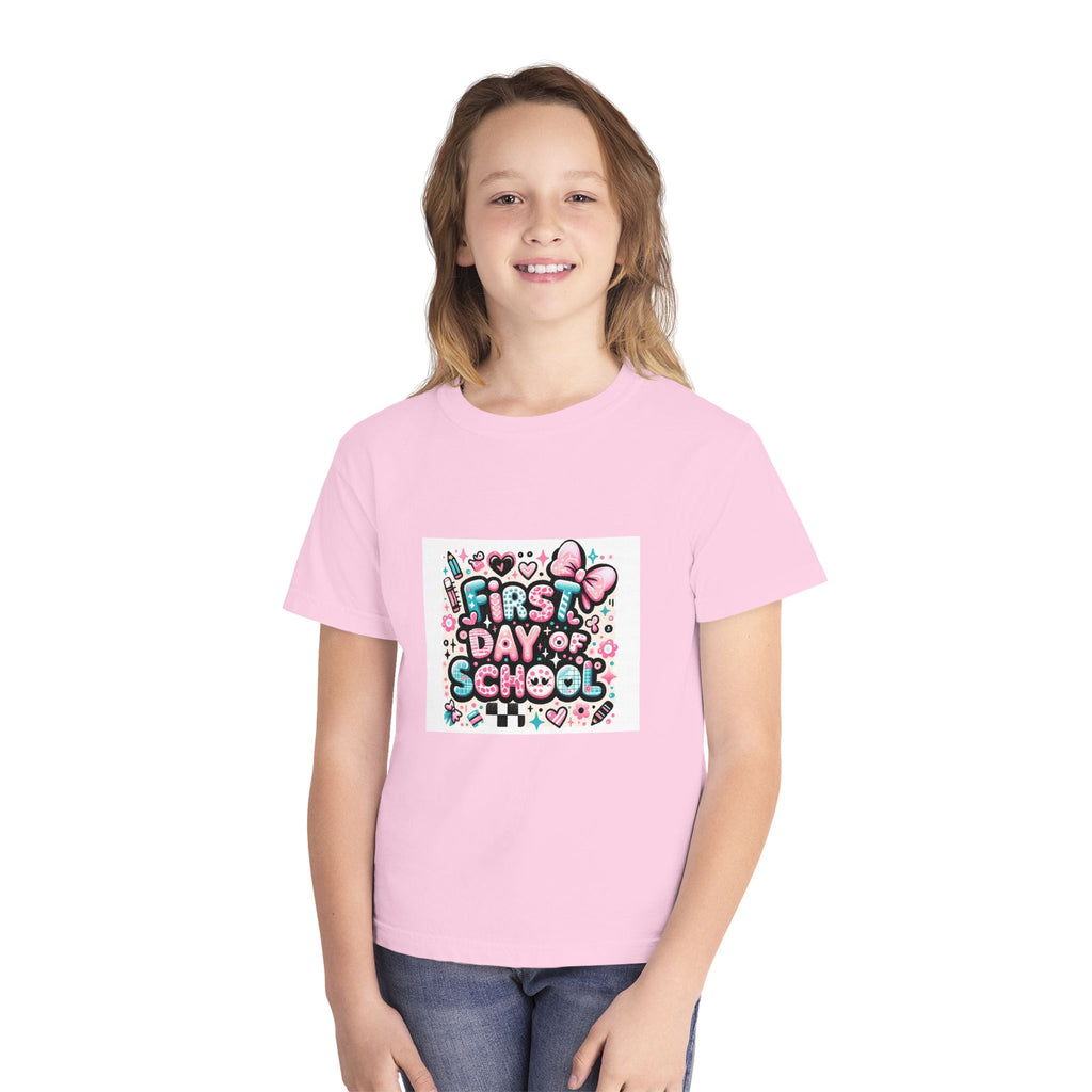 First Day of School Kids T‑Shirt — Cute Pink Bow Back-to-School Tee for Girls