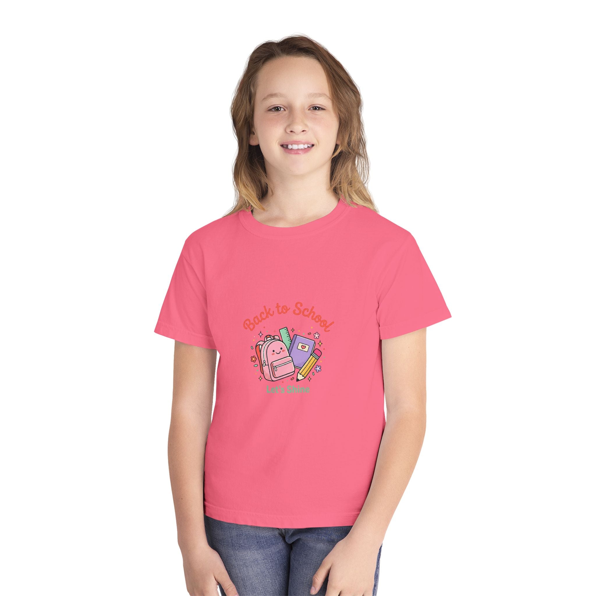 Back to School Kids Tee — Cute Backpack & Supplies "Let's Shine" Youth T-Shirt