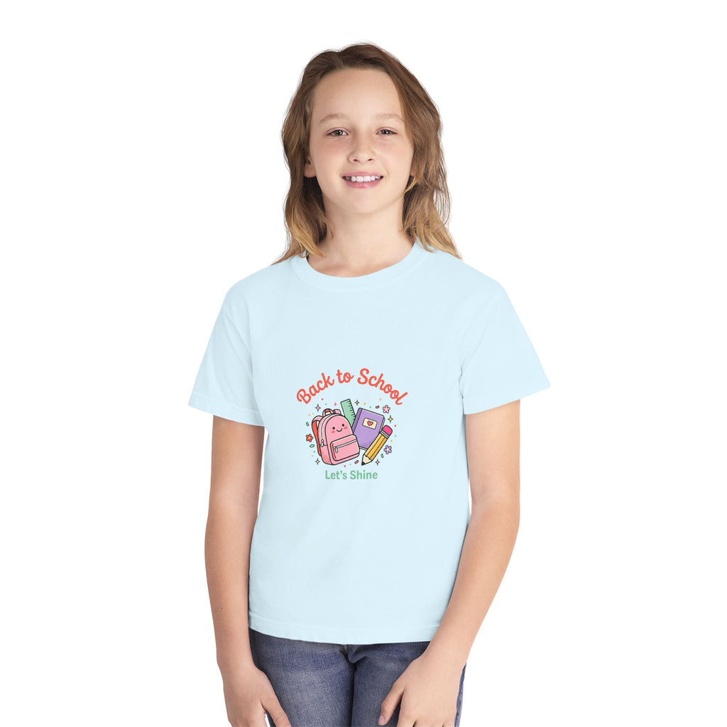 Back to School Kids Tee — Cute Backpack & Supplies "Let's Shine" Youth T-Shirt