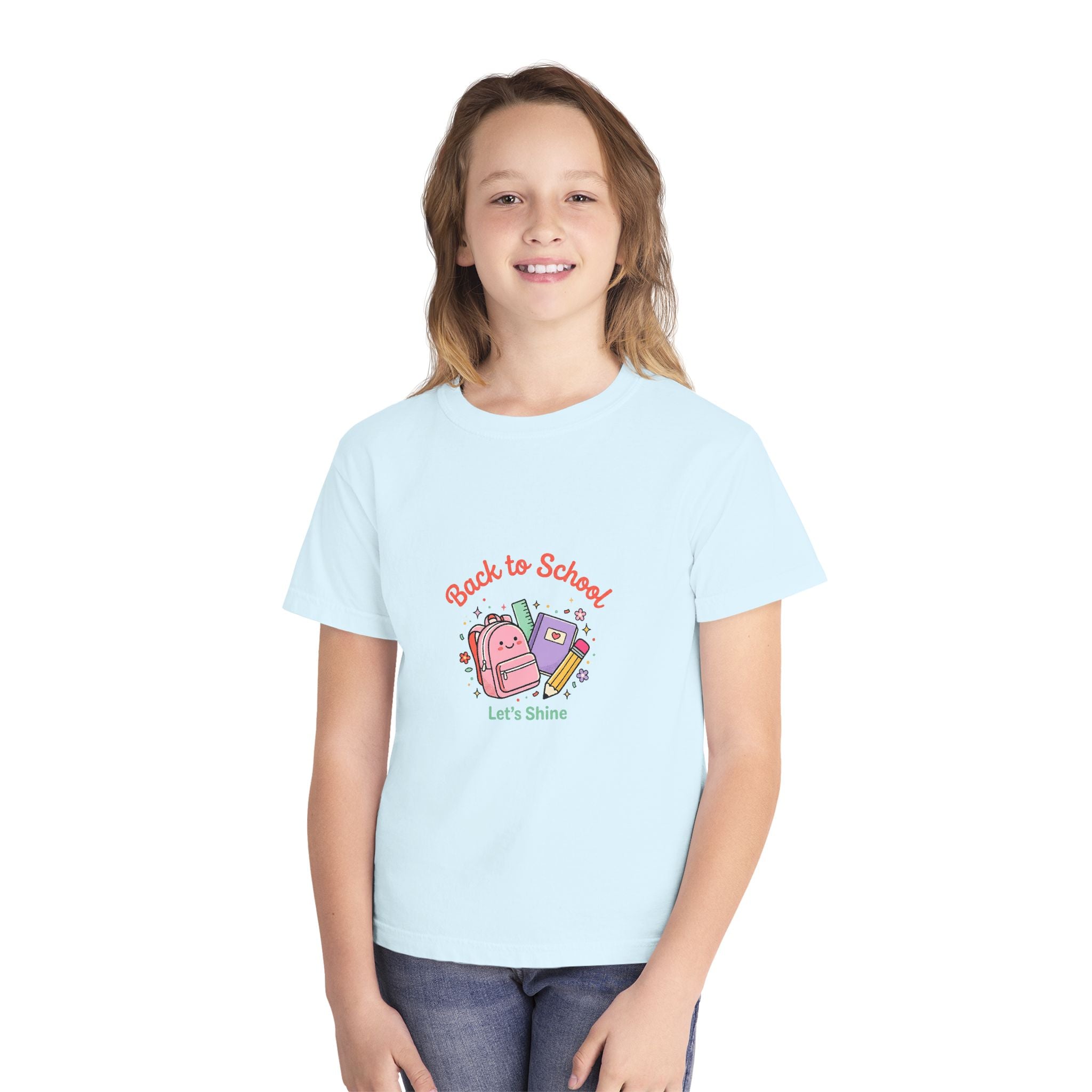 Back to School Kids Tee — Cute Backpack & Supplies "Let's Shine" Youth T-Shirt