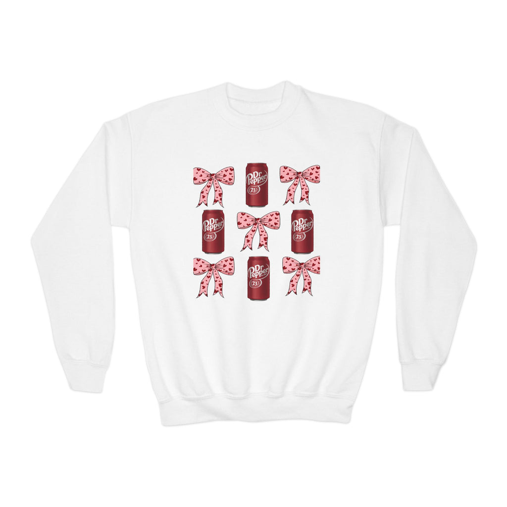 Youth Crewneck Sweatshirt — Festive Pink Bow & Soda Can Graphic