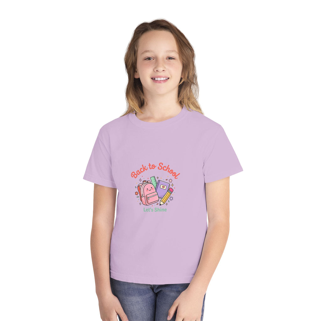 Back to School Kids Tee — Cute Backpack & Supplies "Let's Shine" Youth T-Shirt