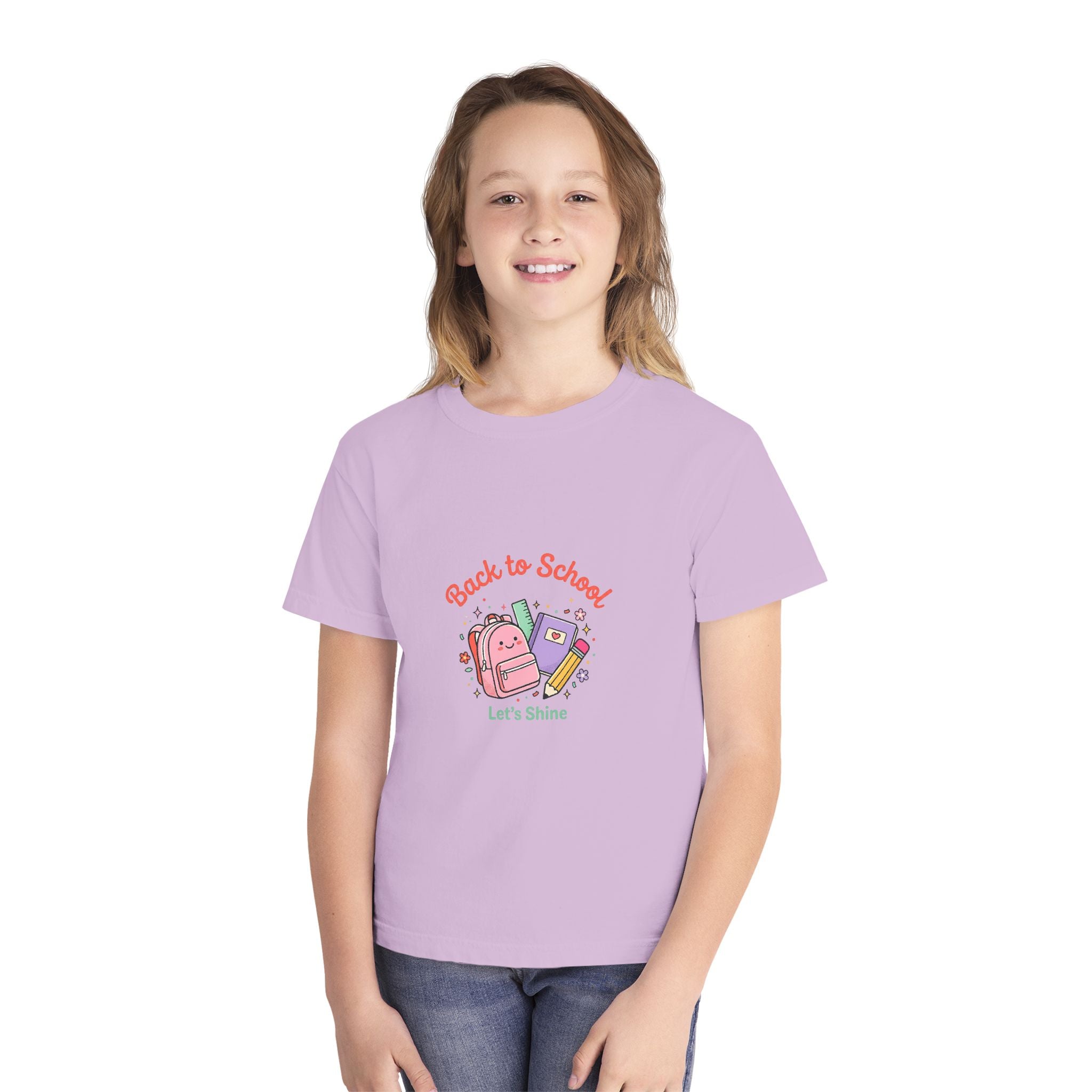 Back to School Kids Tee — Cute Backpack & Supplies "Let's Shine" Youth T-Shirt