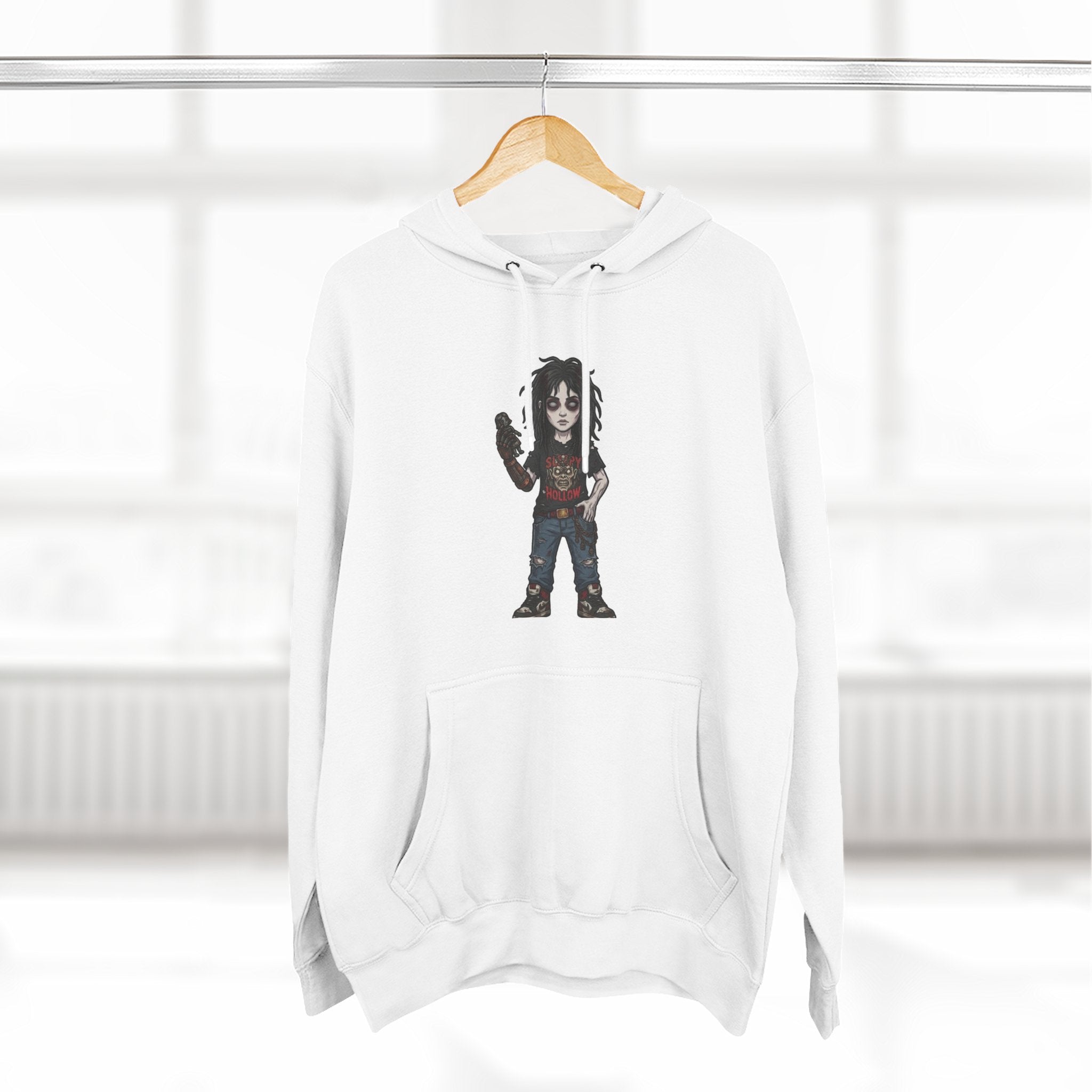 Horror Character Graphic Hoodie — Cute Creepy Doll Illustration