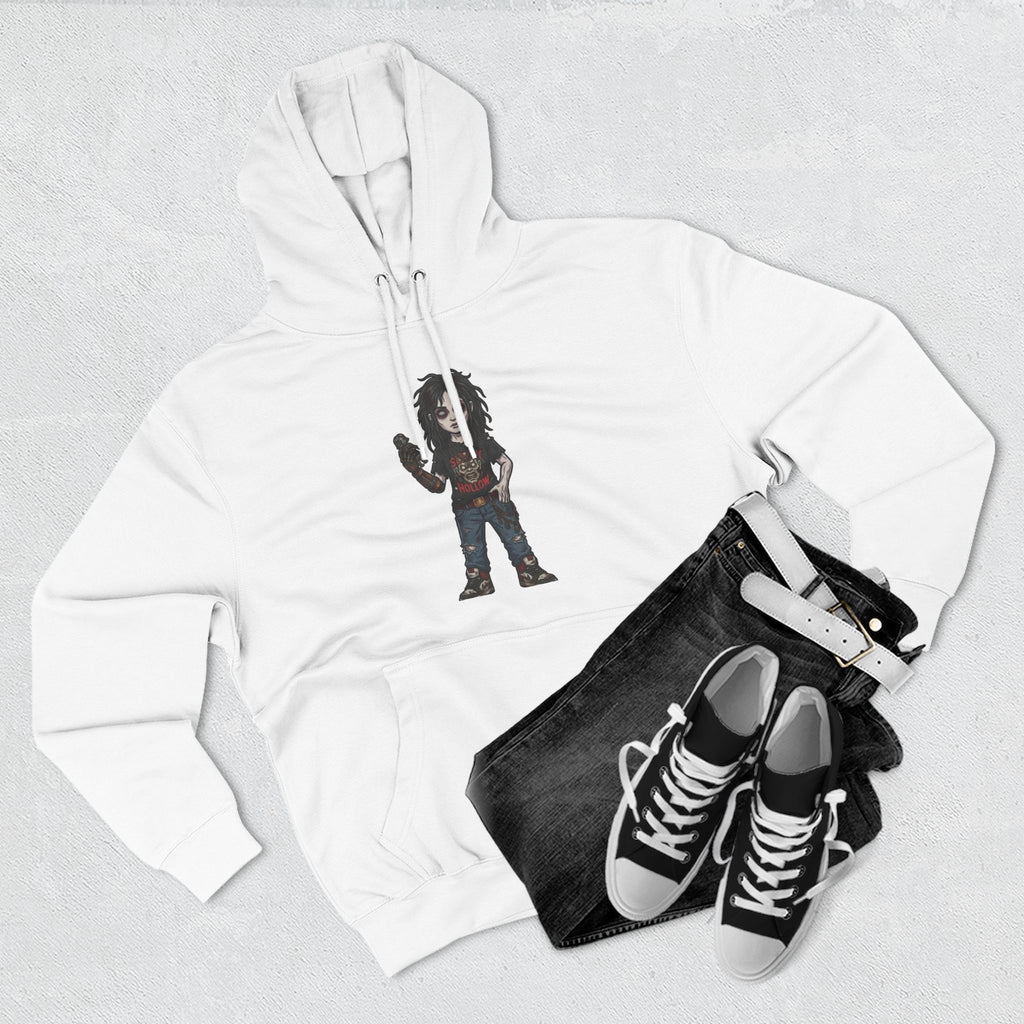 Horror Character Graphic Hoodie — Cute Creepy Doll Illustration