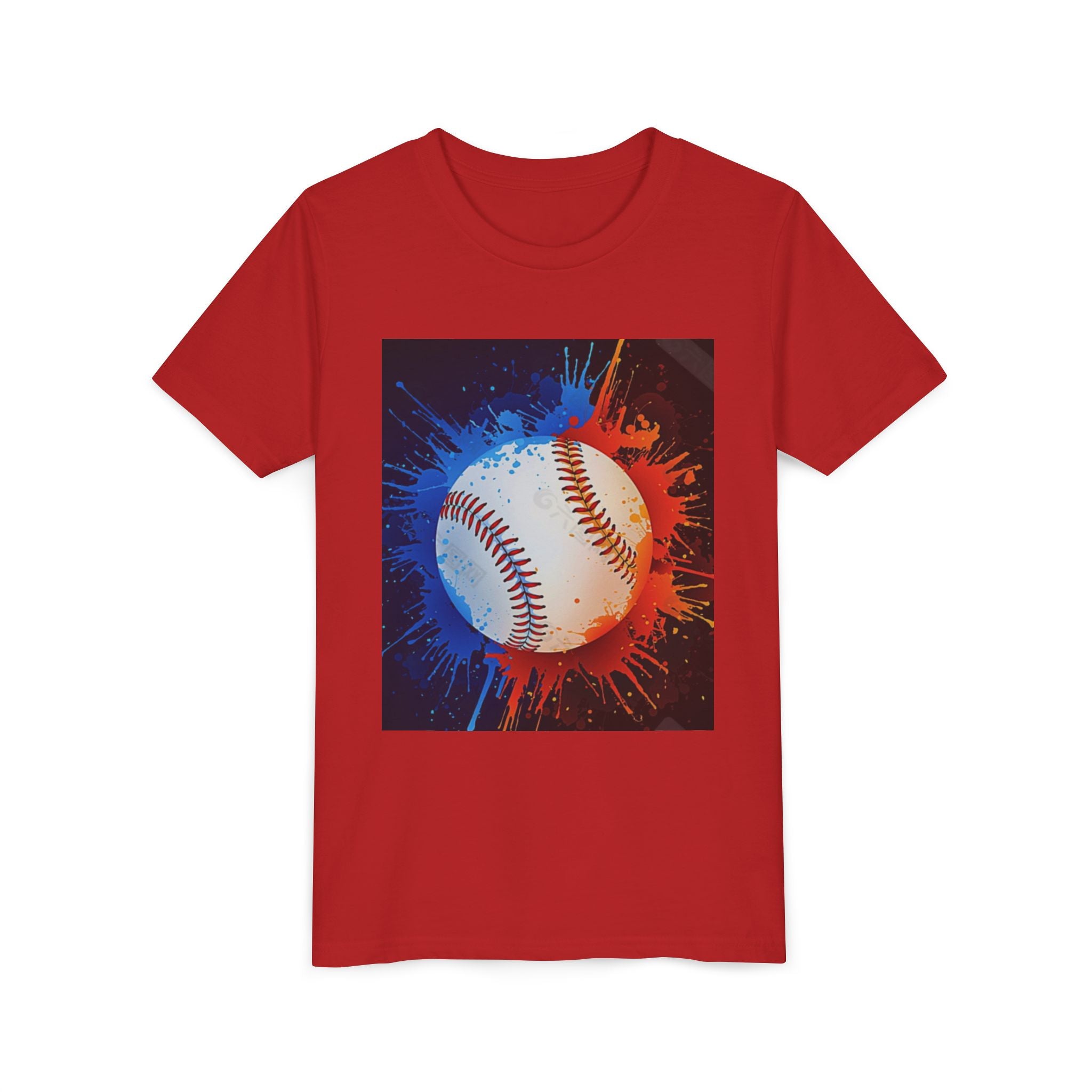 Youth Baseball Splash Tee — Red & Blue Baseball Graphic Shirt