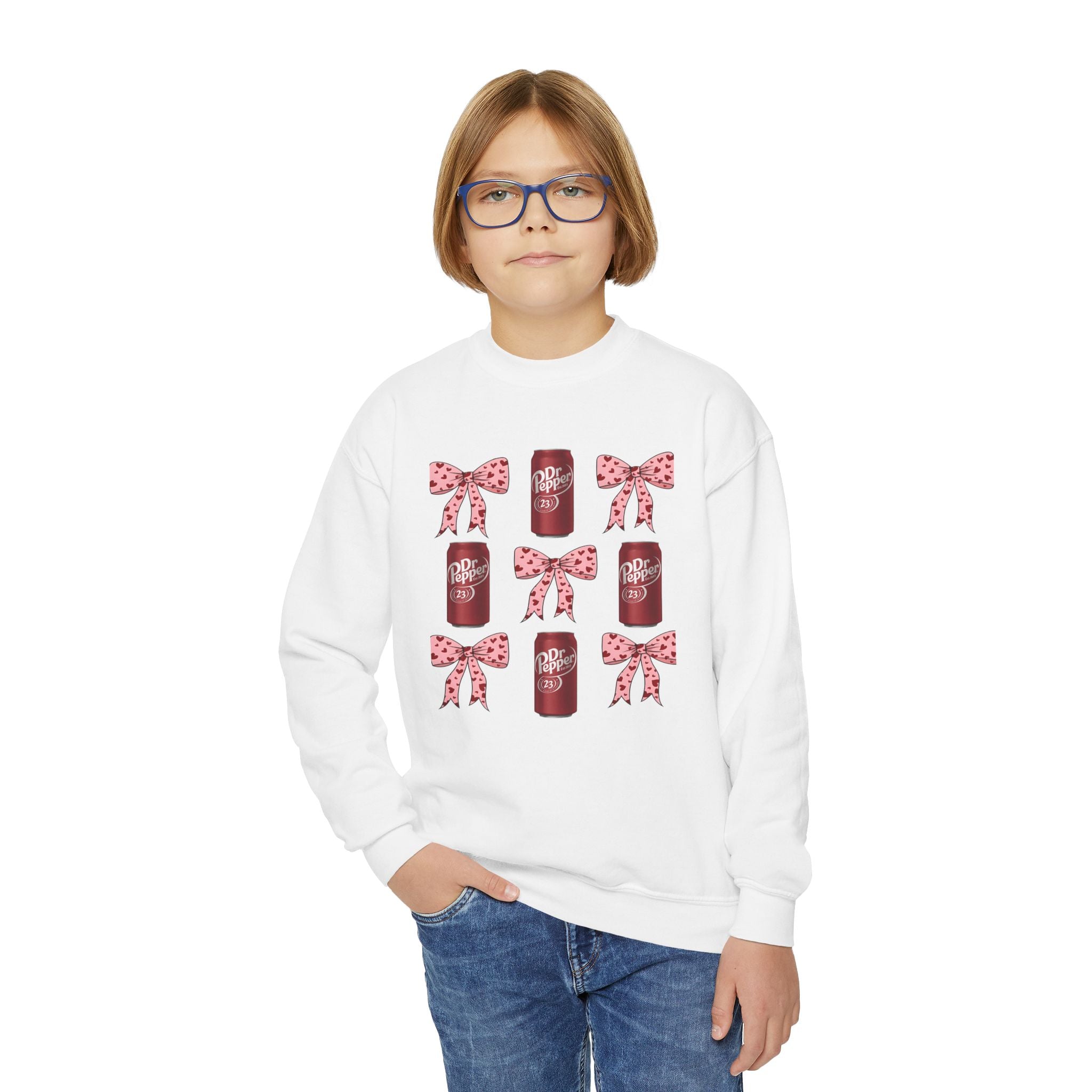Youth Crewneck Sweatshirt — Festive Pink Bow & Soda Can Graphic