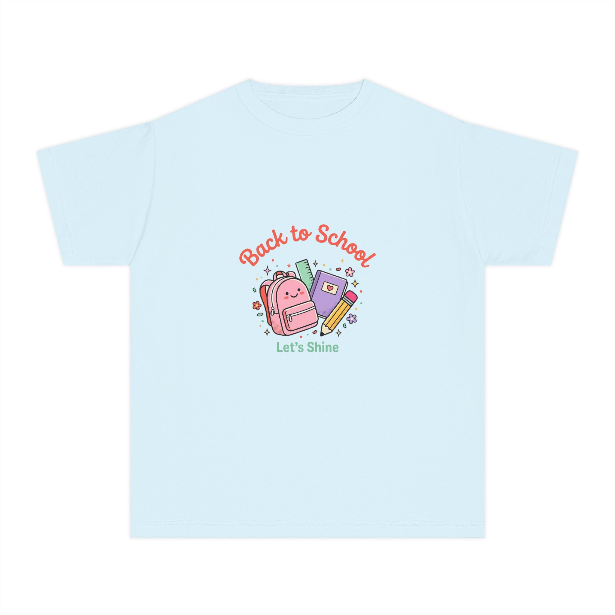Back to School Kids Tee — Cute Backpack & Supplies "Let's Shine" Youth T-Shirt