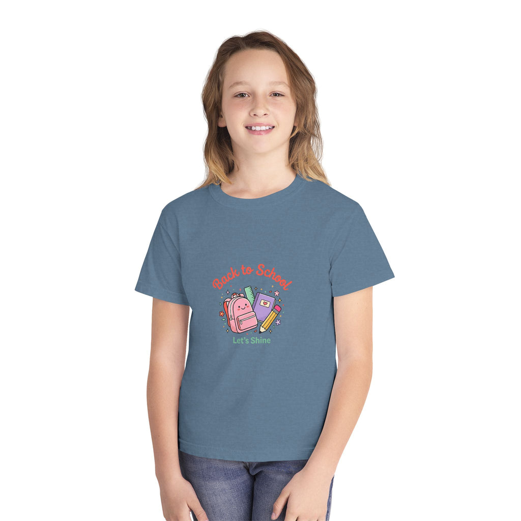 Back to School Kids Tee — Cute Backpack & Supplies "Let's Shine" Youth T-Shirt