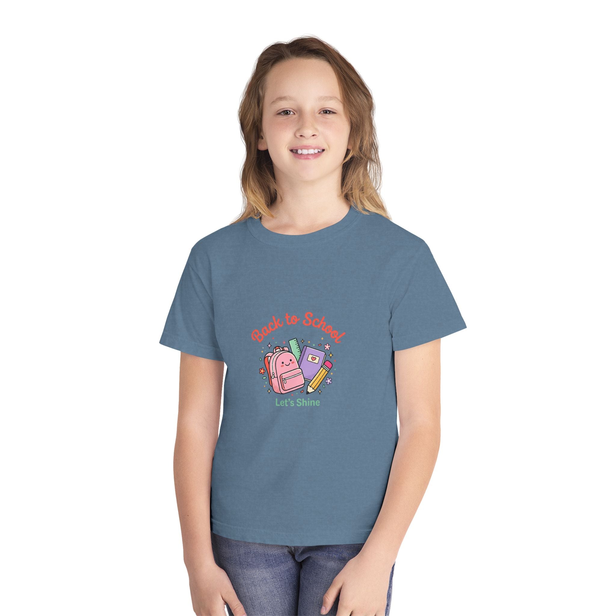 Back to School Kids Tee — Cute Backpack & Supplies "Let's Shine" Youth T-Shirt