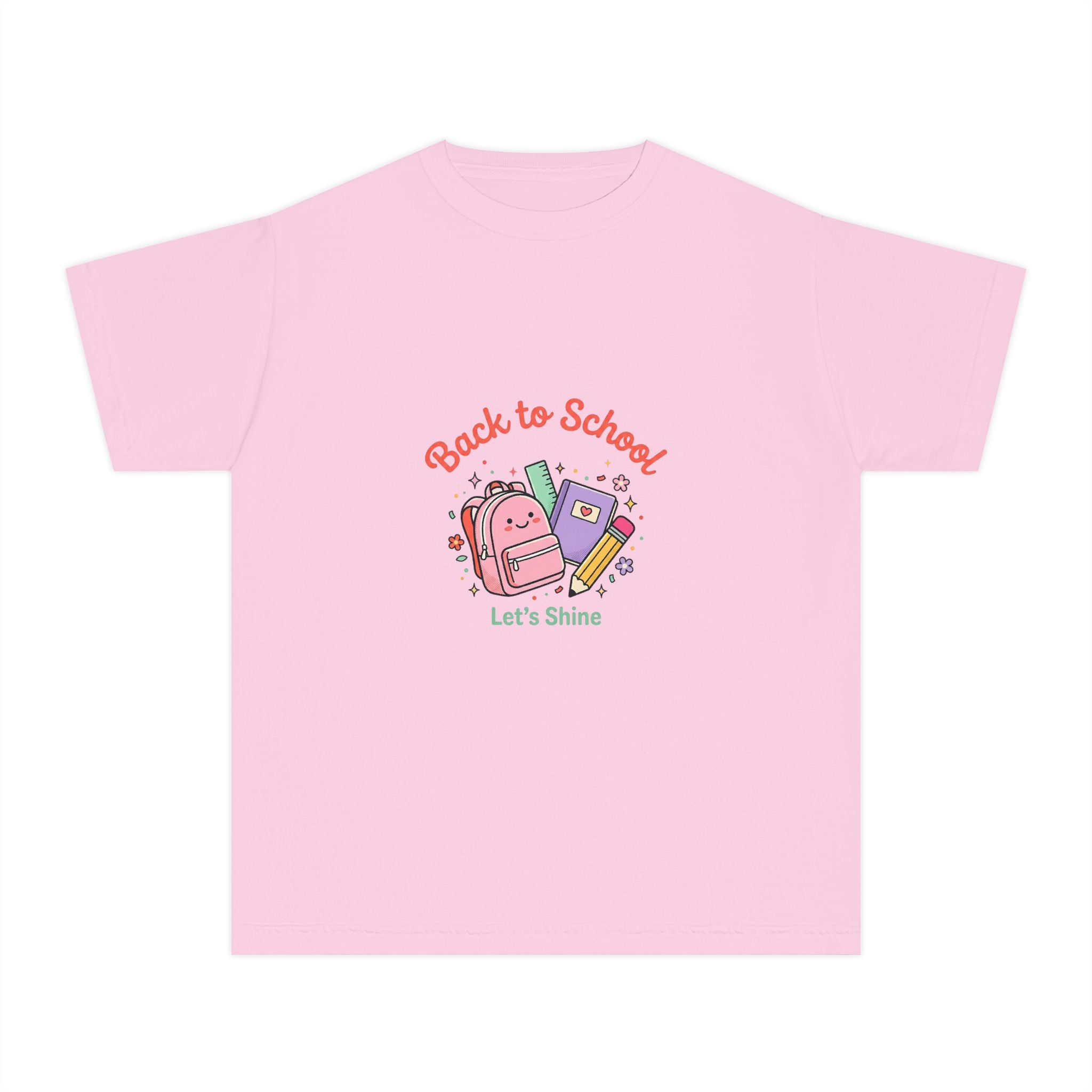 Back to School Kids Tee — Cute Backpack & Supplies "Let's Shine" Youth T-Shirt