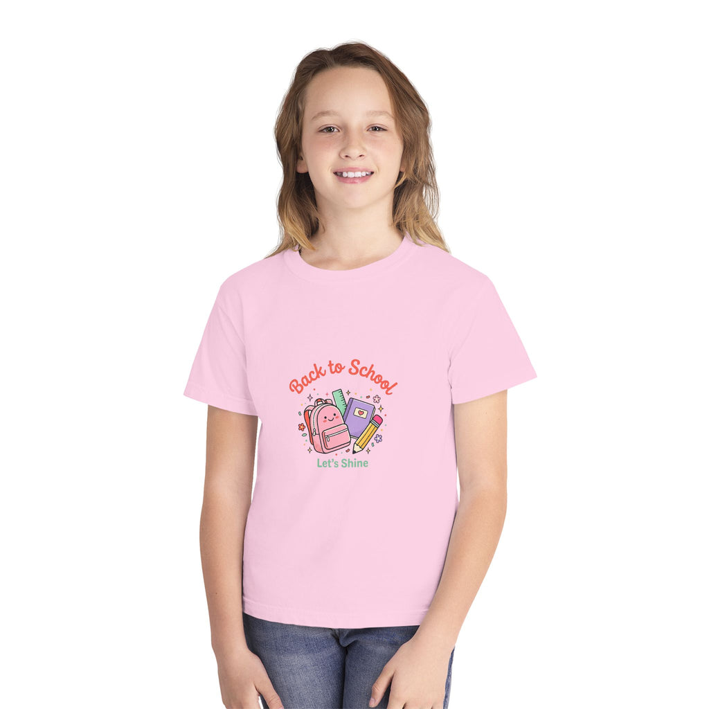 Back to School Kids Tee — Cute Backpack & Supplies "Let's Shine" Youth T-Shirt