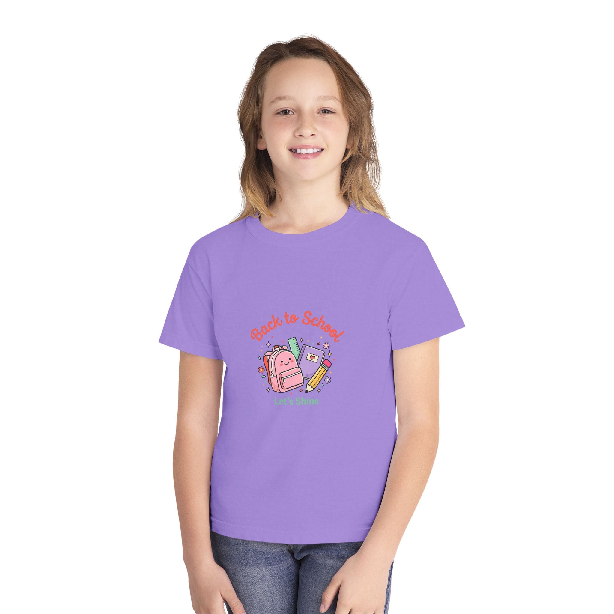 Back to School Kids Tee — Cute Backpack & Supplies "Let's Shine" Youth T-Shirt