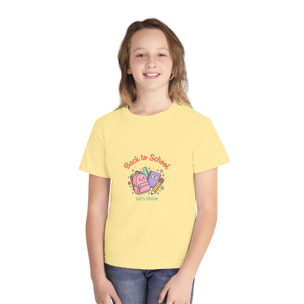 Back to School Kids Tee — Cute Backpack & Supplies "Let's Shine" Youth T-Shirt