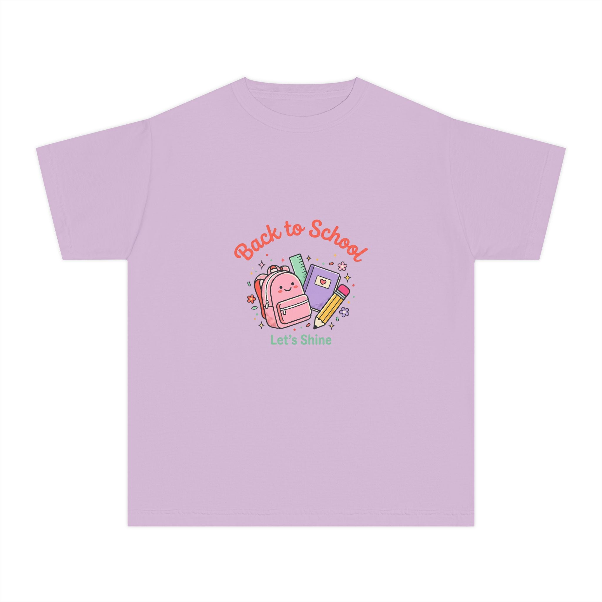Back to School Kids Tee — Cute Backpack & Supplies "Let's Shine" Youth T-Shirt
