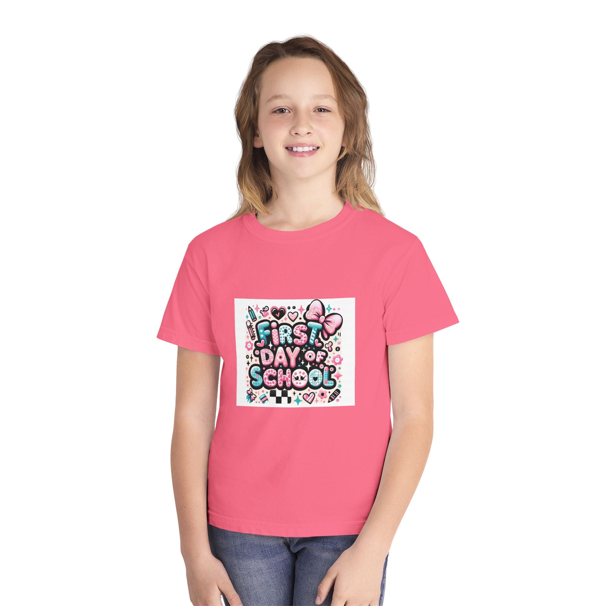 First Day of School Kids T‑Shirt — Cute Pink Bow Back-to-School Tee for Girls