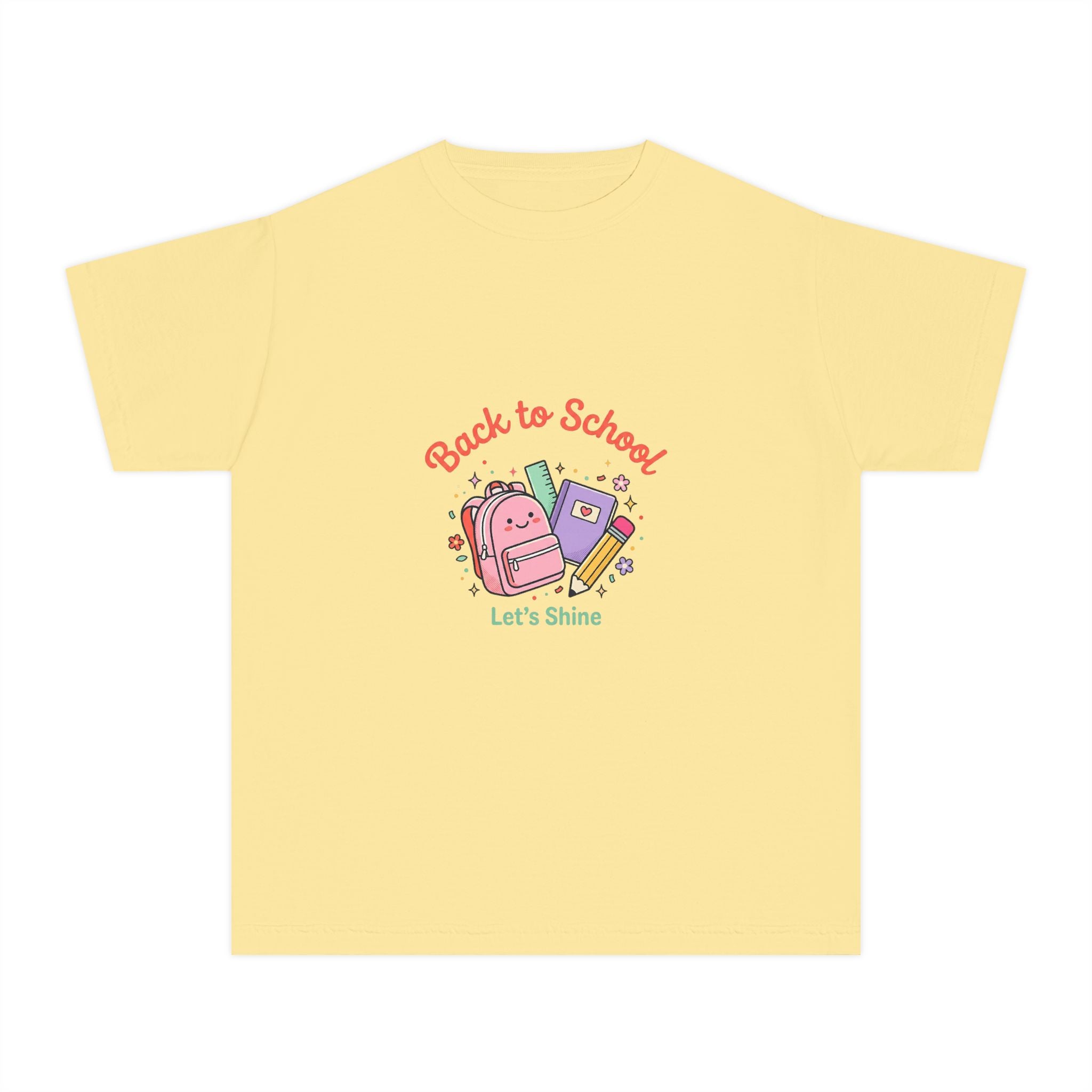 Back to School Kids Tee — Cute Backpack & Supplies "Let's Shine" Youth T-Shirt