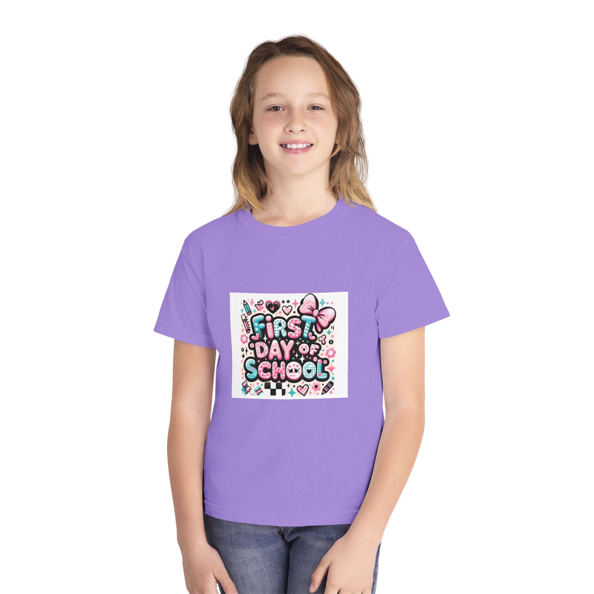 First Day of School Kids T‑Shirt — Cute Pink Bow Back-to-School Tee for Girls