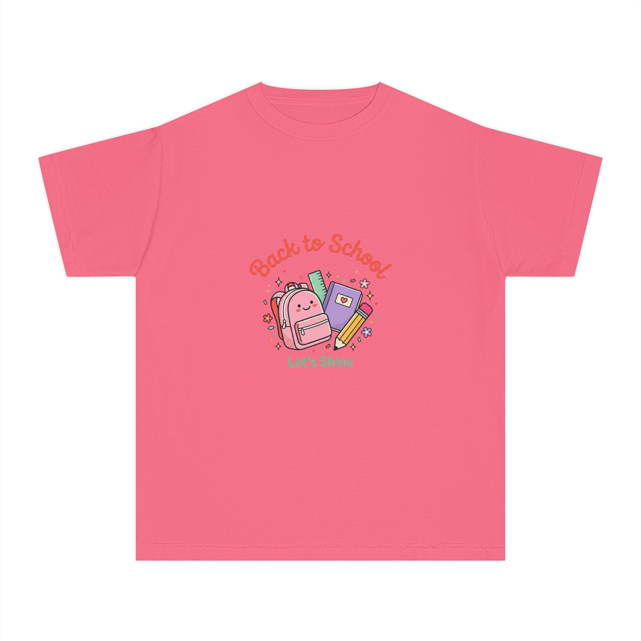 Back to School Kids Tee — Cute Backpack & Supplies "Let's Shine" Youth T-Shirt