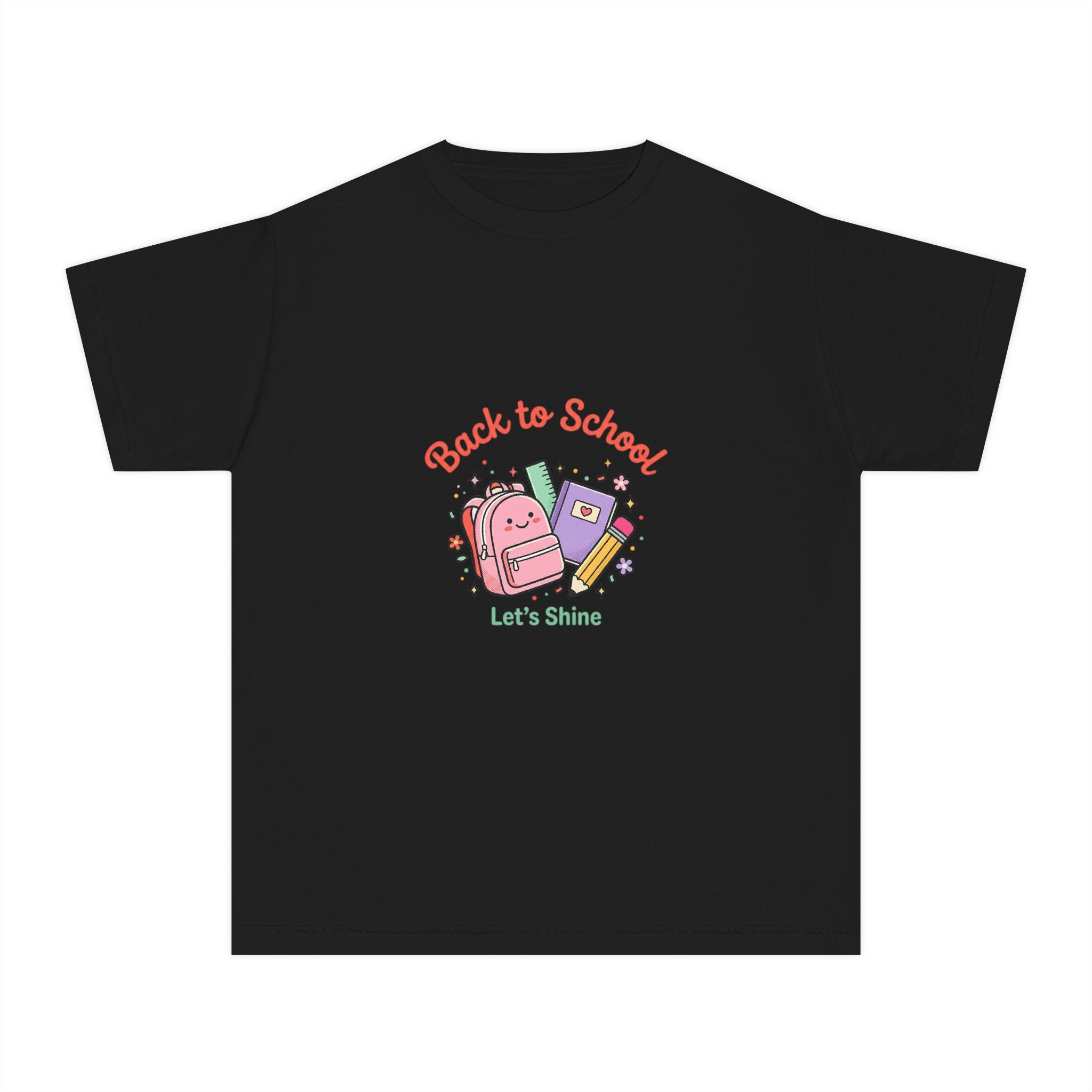Back to School Kids Tee — Cute Backpack & Supplies "Let's Shine" Youth T-Shirt