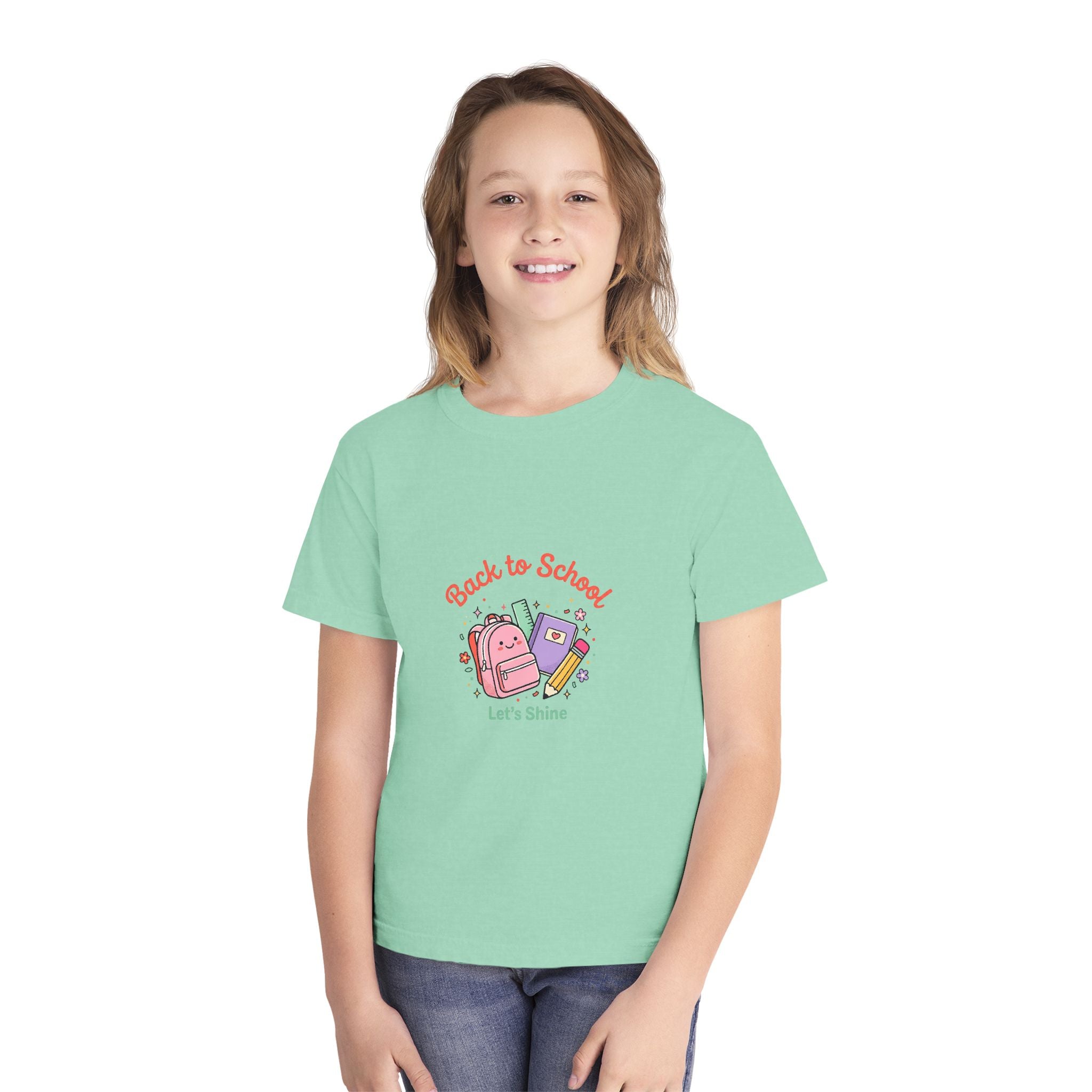 Back to School Kids Tee — Cute Backpack & Supplies "Let's Shine" Youth T-Shirt