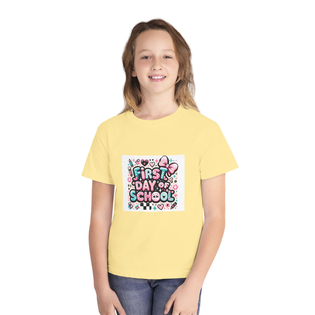 First Day of School Kids T‑Shirt — Cute Pink Bow Back-to-School Tee for Girls