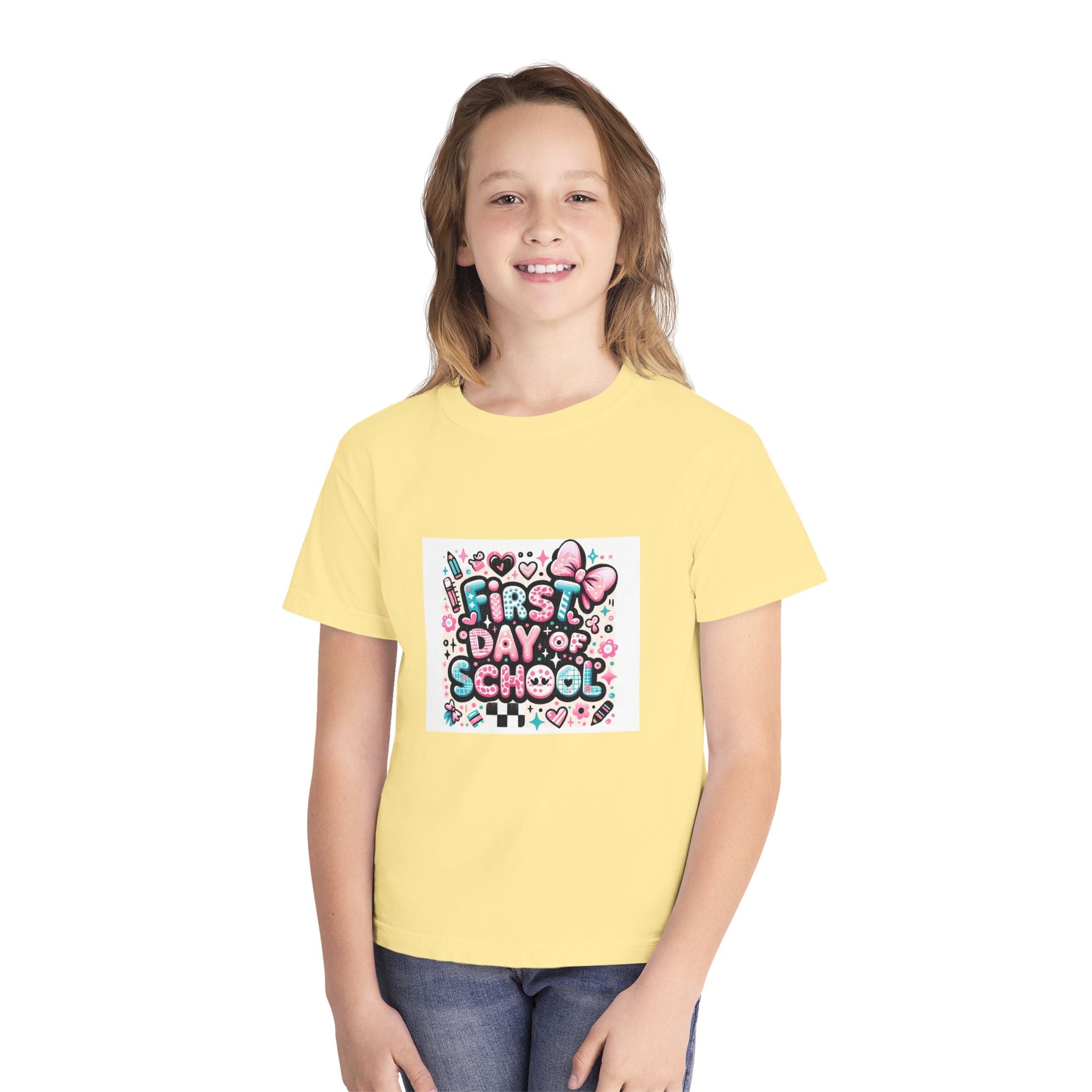 First Day of School Kids T‑Shirt — Cute Pink Bow Back-to-School Tee for Girls