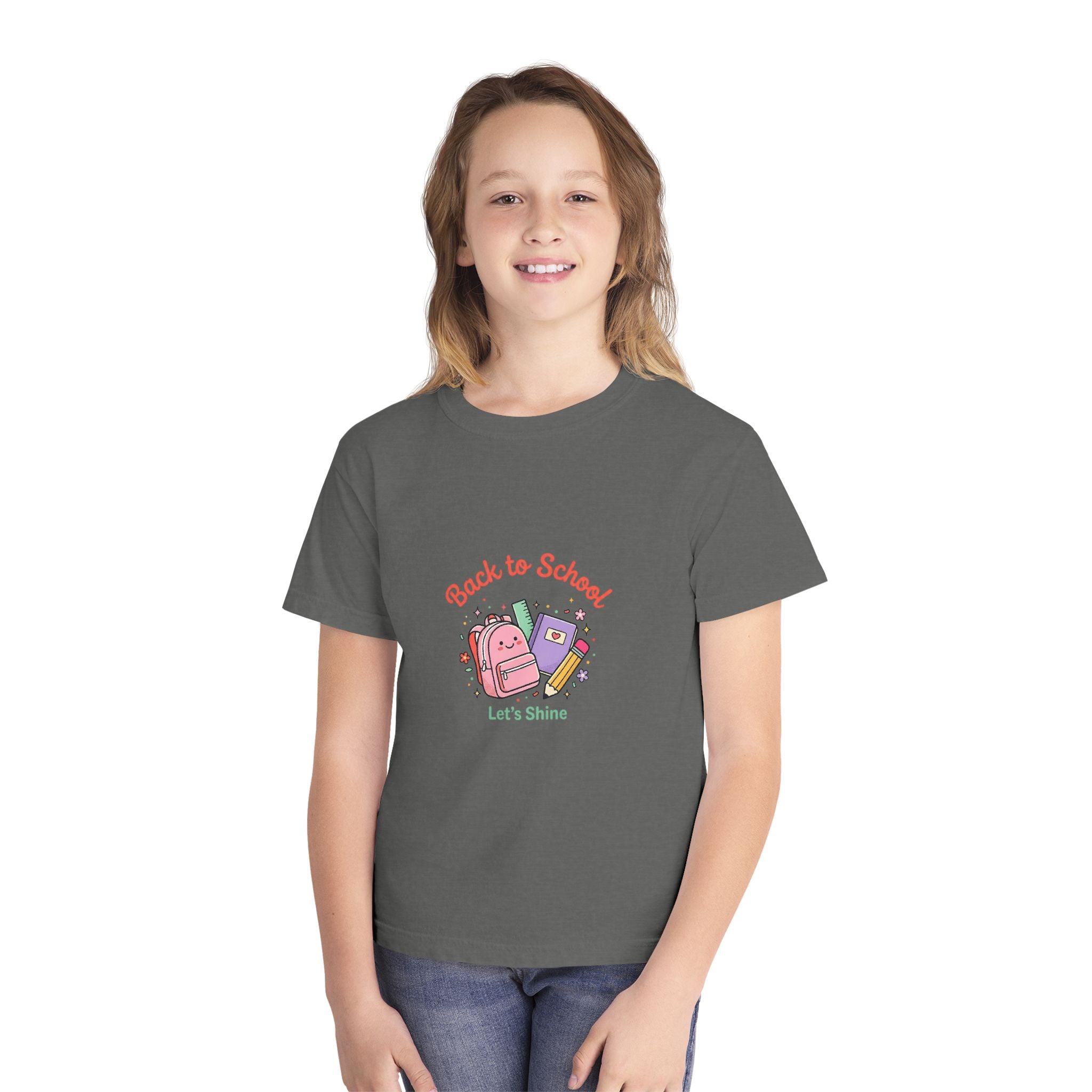 Back to School Kids Tee — Cute Backpack & Supplies "Let's Shine" Youth T-Shirt