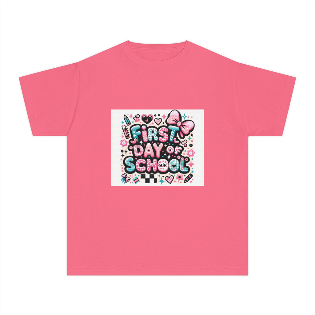 First Day of School Kids T‑Shirt — Cute Pink Bow Back-to-School Tee for Girls